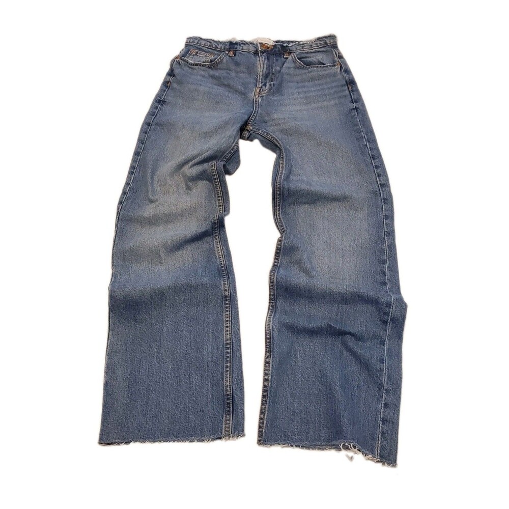 Zara Womens Sz 4 High Waisted Straight Leg Jeans Raw Hem Deconstructed Denim